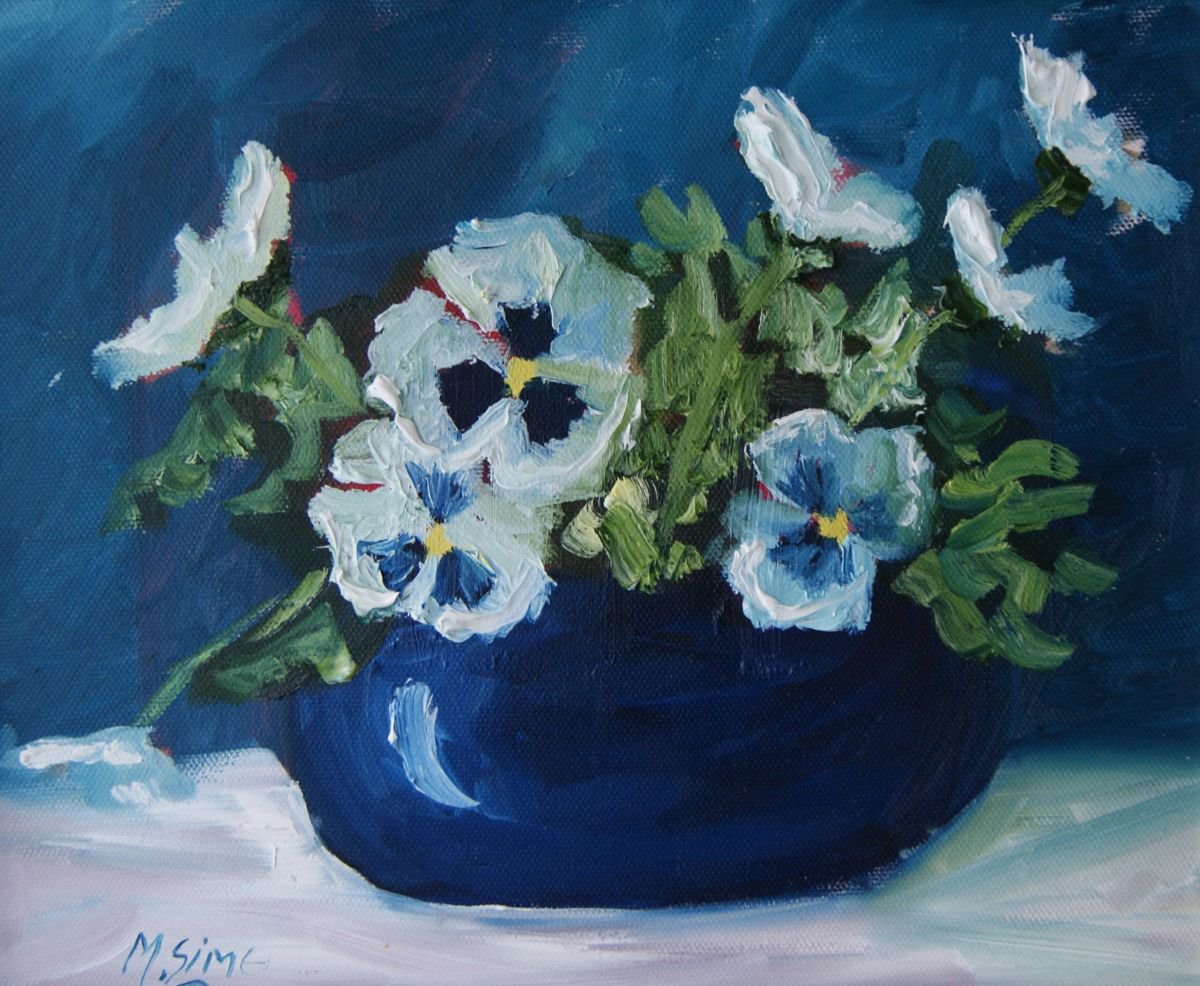 Pansies in blue pot by Marjory Sime