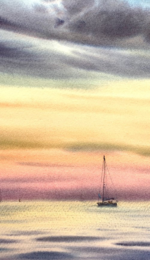 Yacht and pink sunset by Eugenia Gorbacheva