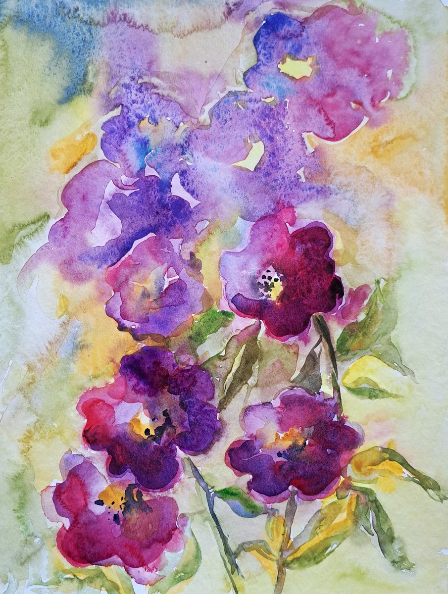 Expressive Botanical Watercolour By Valda Rose Art Gallery, 10 X 13", Purple Flowers, Original Artwork