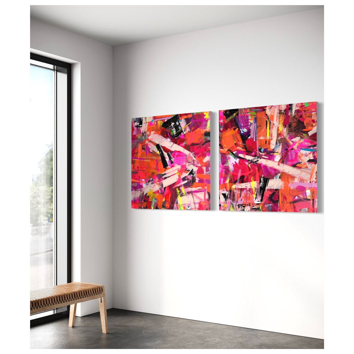 Expressive Abstract Acrylic Painting By Maria Esmar, 79 X 39", Diptych Art, Original Artwork