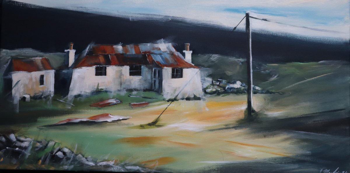 Impressionistic Landscape Acrylic Painting By Ian Macphie, 28 X 14, Harris Cottage, Original Artwork