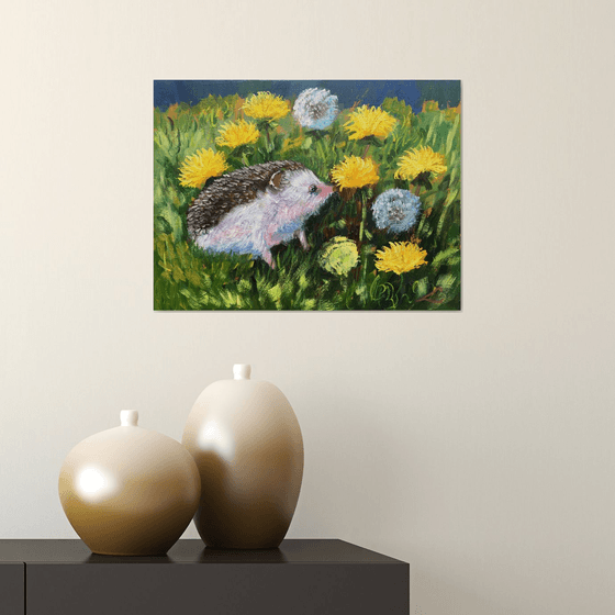 Hedgehog in dandelions