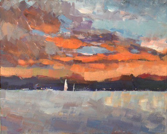 seascape with orange clouds