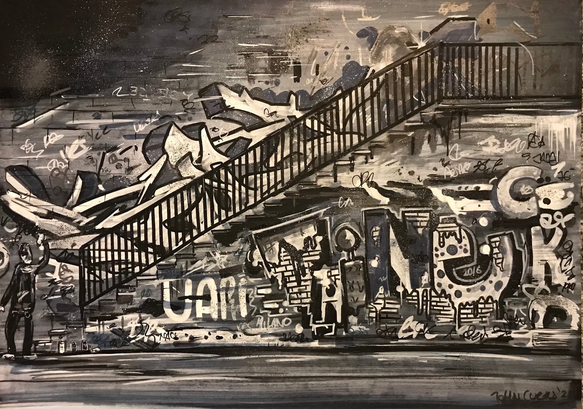 Urban And Pop Painting , Stairway By John Curtis, 16 X 11, Artwork For Sale On Artfinder