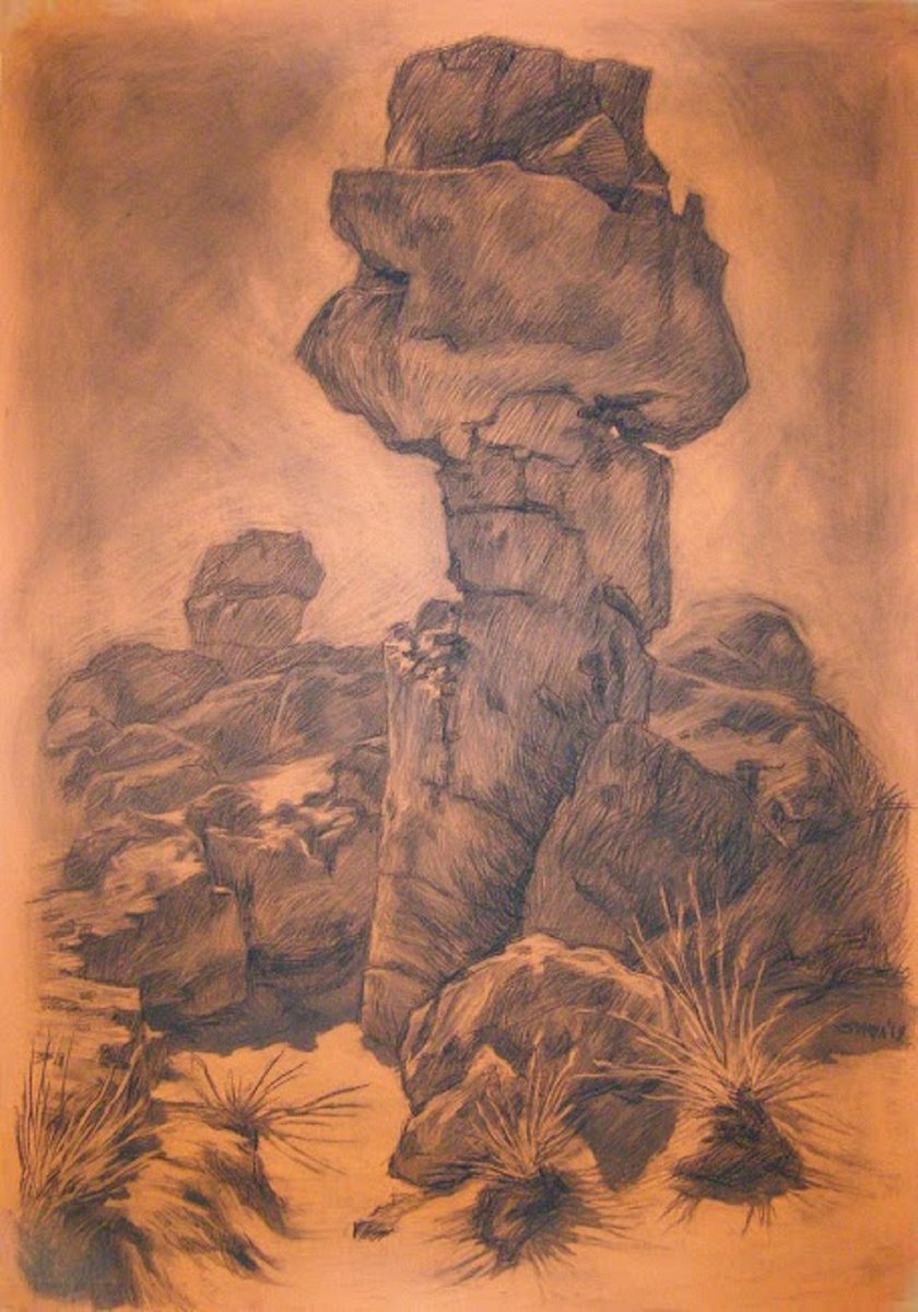 Photorealistic Landscape Charcoal Drawing By Zlatina Krusteva, 28 X 39", "Stone Desert", Original Artwork