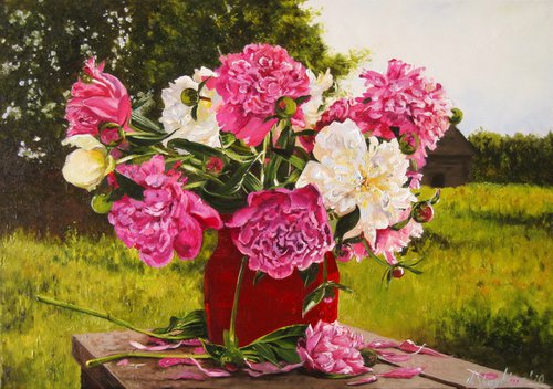 Peonies in red vase by Natalia Shaykina