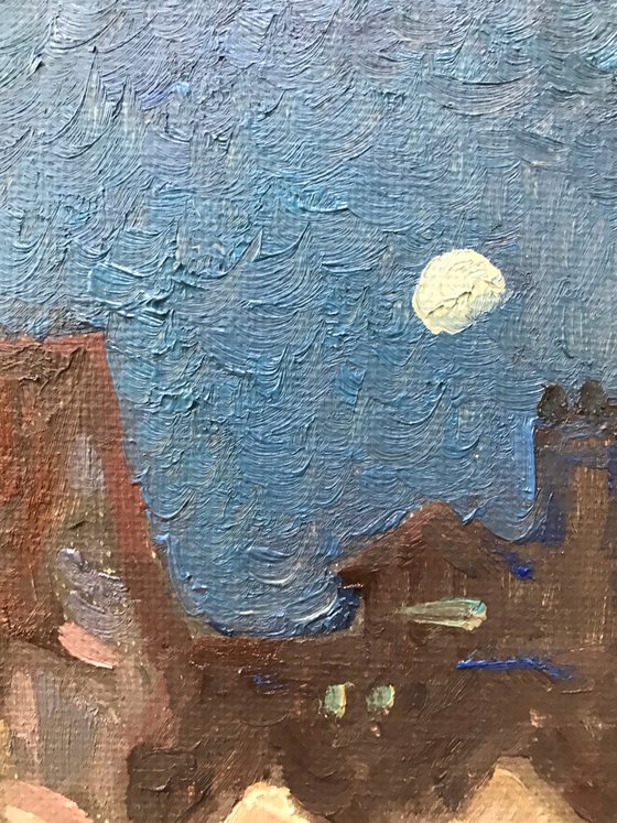 Original Oil Painting Wall Art Signed unframed Hand Made Jixiang Dong Canvas 25cm × 20cm Cityscape One Night in Tübingen Small Impressionism Impasto