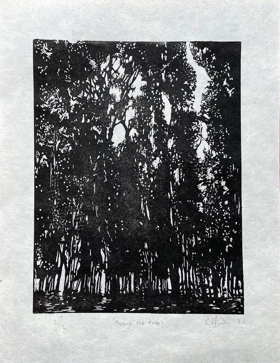 Through the Trees Linocut Print by C Staunton