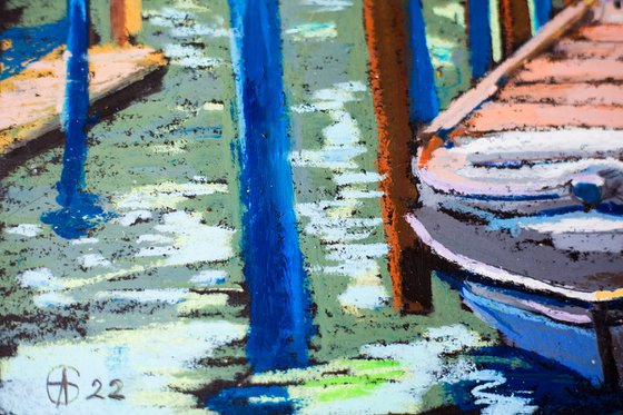 Venice. View of the Canal and boats. Cities of my dreams series. Small oil pastel drawing bright colors italy
