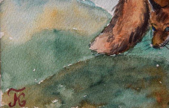 Fox original watercolor painting, fox painting, mountain landscape, animalistic wall art