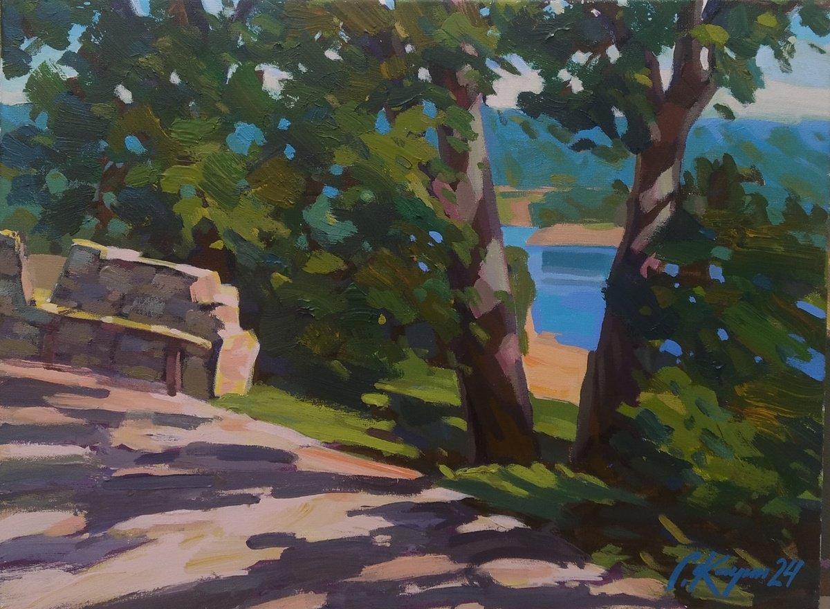 Impressionistic Landscape Acrylic Painting By Sergey Kachin, 24 X 18", Sunny Day, Original Artwork