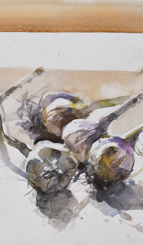 Garlic on table by Goran Žigolić Watercolors