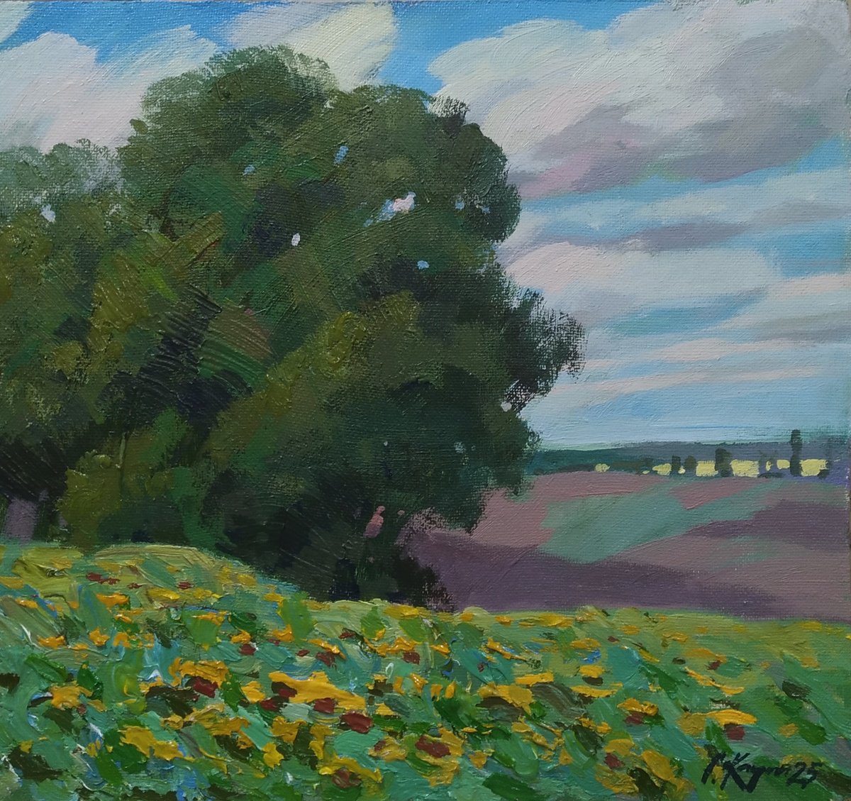 Impressionistic Landscape Acrylic Painting By Sergey Kachin, 18 X 17", In The Fields, Original Artwork