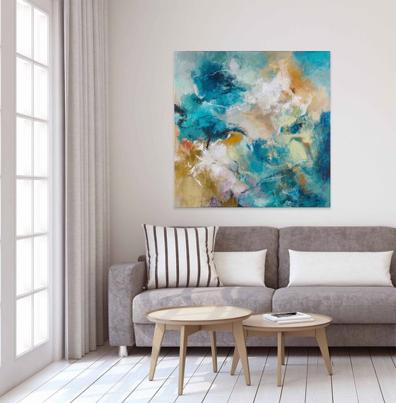 "Earth" Teal orange acrylic abstract art