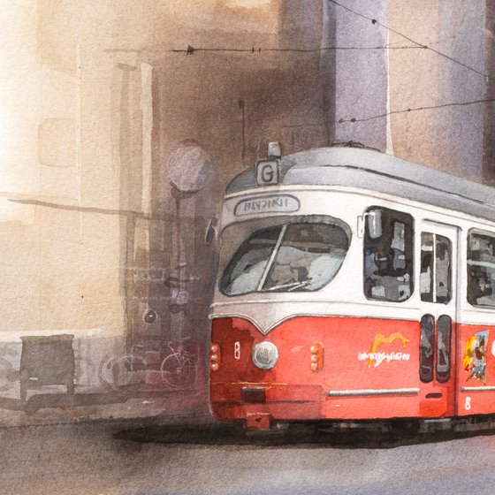 Red and White Tram - 40x30cm Watercolor