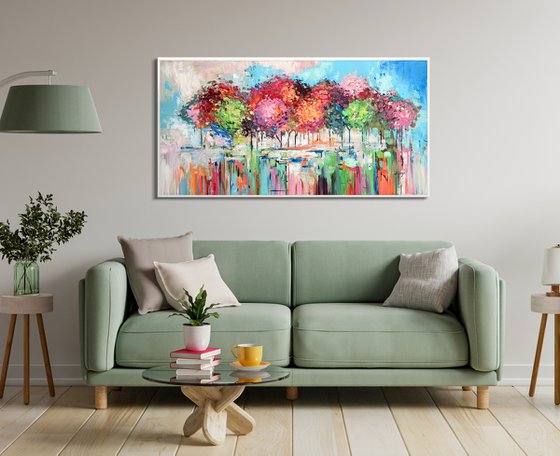 Forest Energy - Original Abstract Tree Painting, Colorful Trees Painting, Large Original Nature Landscape Modern Texture Painting Boho Wall Art Living Room Decor - Size: 48 x 24 inches (120 x 60 cm)