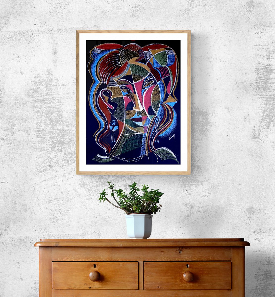 Surrealistic Portrait Pastel Drawing By Vadim Vaskovsky, 22 X 28", Woman With Blue Earrings, Original Artwork