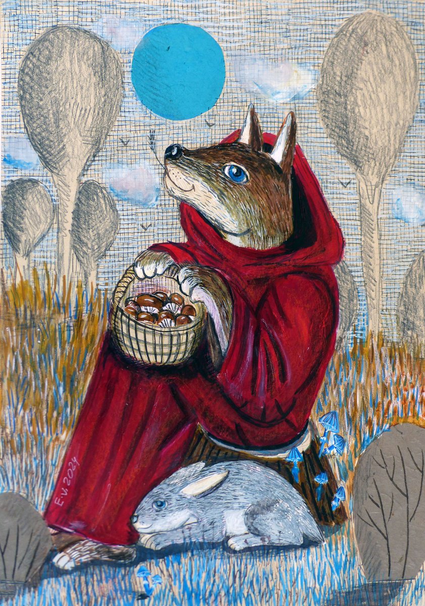 Surrealistic Animal Painting By Elizabeth Vlasova, 12 X 15, A Mushroom Discovery, Original Artwork