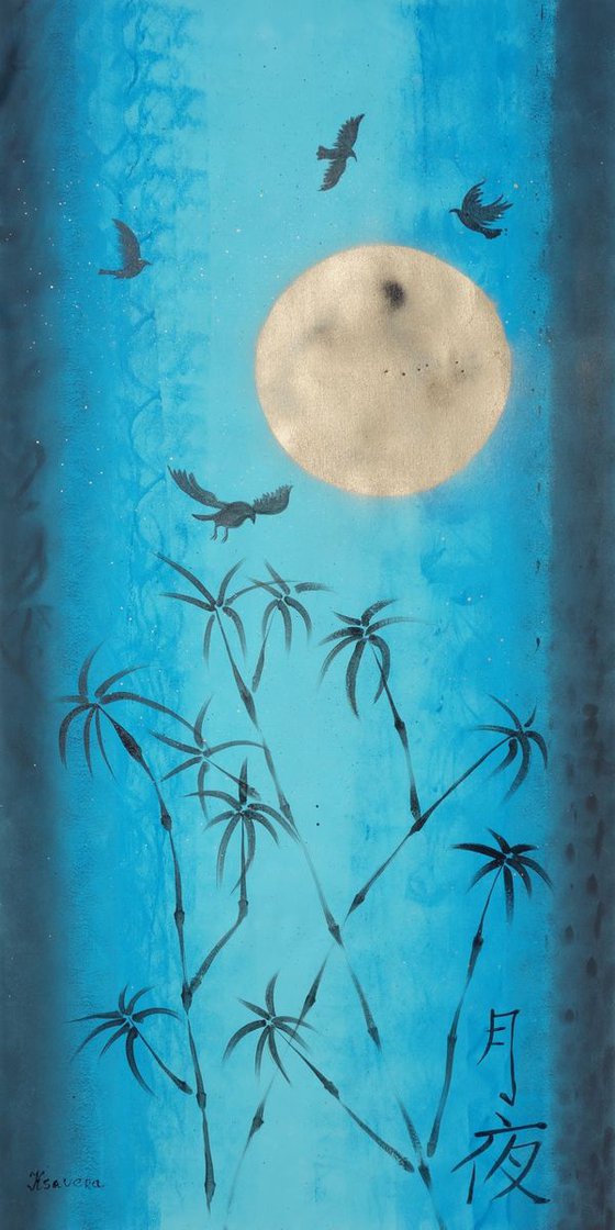 Japan Moon Night Turquoise gold painting 80×160 cm acrylic on unstretched canvas J097 art original artwork in japanese style