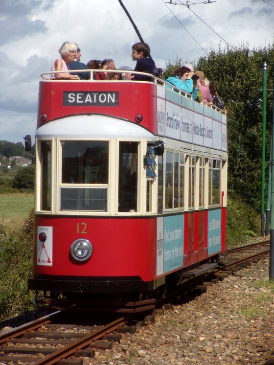 Red and white Seaton tram, Devon