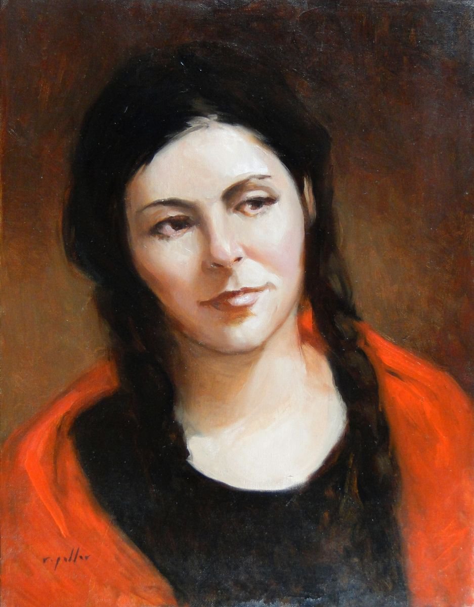 Portrait Oil Painting By Rick Paller, 14 X 18", Red Shawl, Original Artwork