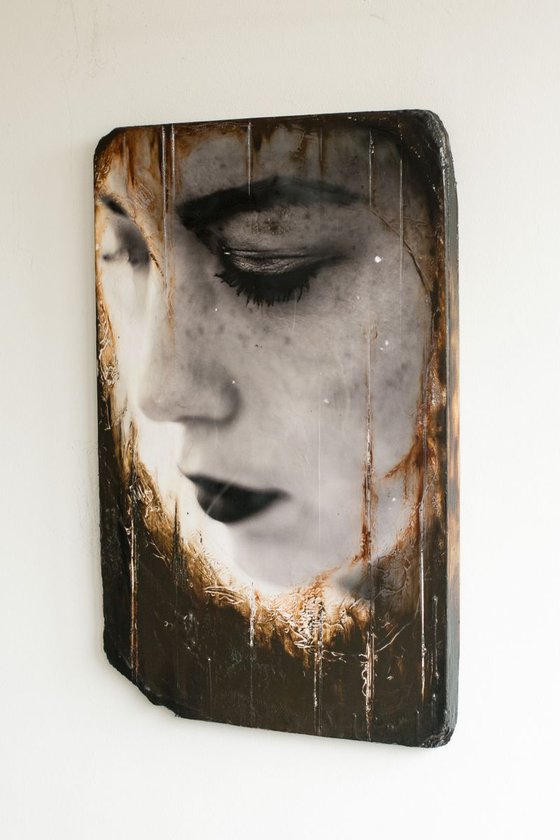 "Regrets" (60x40x3cm) - Unique portrait artwork on wood (abstract, portrait, gouache, original, painting, coffee, acrylic, oil, watercolor, encaustics, beeswax, resin, wood, fingerpaint)