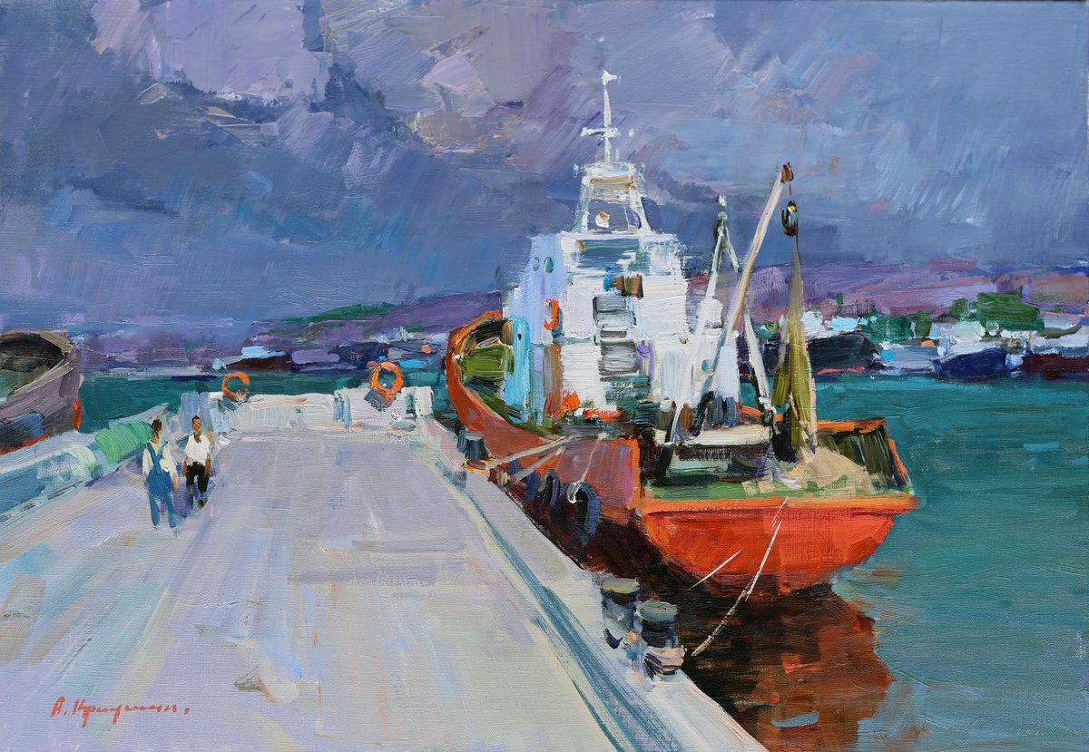 Impressionistic Landscape Oil Painting By Aleksandr Kryushyn, 28 X 20, At The Port. Before The Rain, Original Artwork
