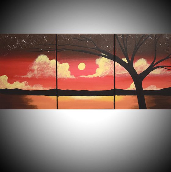triptych 3 panel wall art colorful images "At Sundown" 3 panel canvas wall abstract canvas pop abstraction 27 x 12"