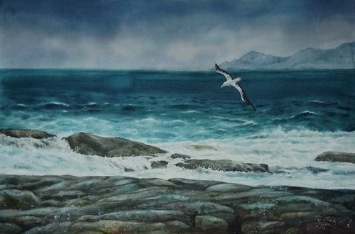 Rough Sea on a windy winter day by Olga Beliaeva Watercolour