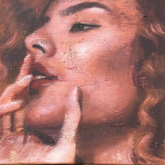 Lluisa | Beautiful model woman face portrait painted in oil on canvas painting pink grunge romantic female portrait contemporary large painting face beautiful model