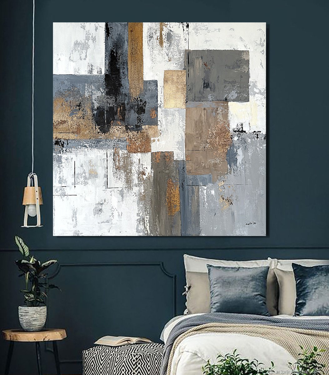 Urban And Pop Acrylic Painting , Golden Structure Field. Grey Beige Textured By Tatiana Malinovscaia, 35 X 35, Artwork For Sale On Artfinder