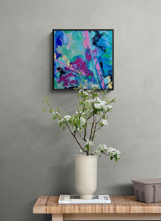 Abstract painting - "Blue reflection" - Abstraction - Geometric - Space abstract - Small painting - Bright abstract - Blue and Pink