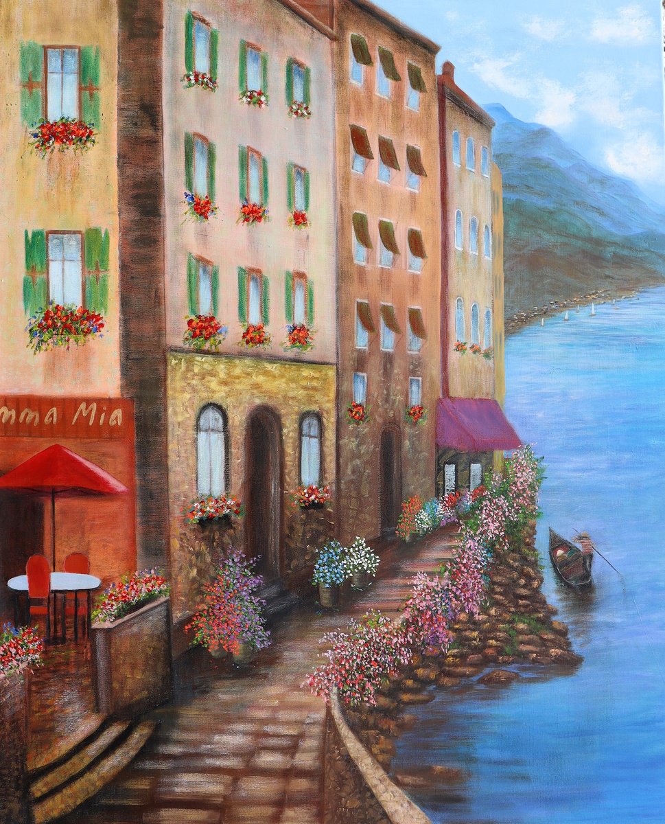 Expressive Cityscapes Oil Painting By Ludmilla Ukrow, 31 X 39", Cafe Italia By The Sea, Original Artwork
