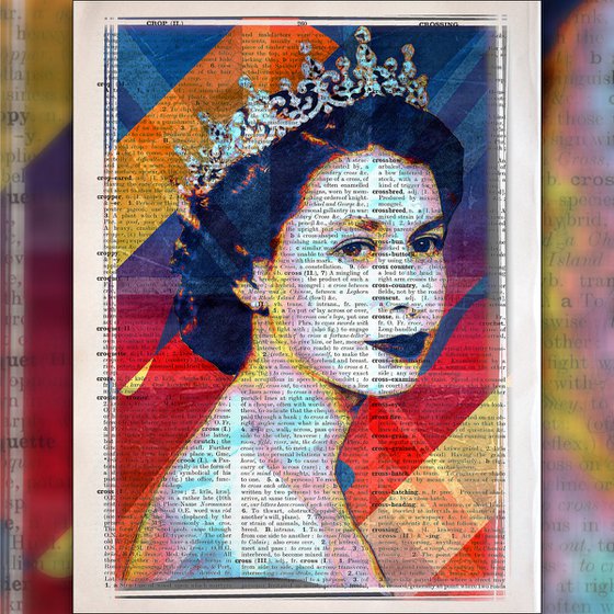 Queen Elizabeth II - The Union Jack 3 - Collage Art on Large Real English Dictionary Vintage Book Page