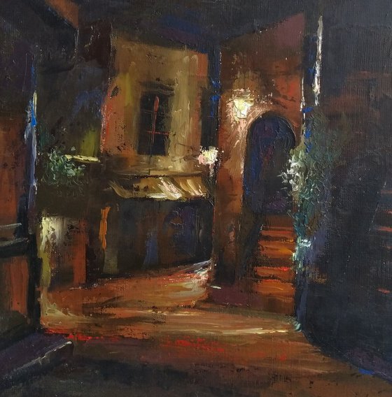 Night cityscape (40x40cm, oil painting, ready to hang)