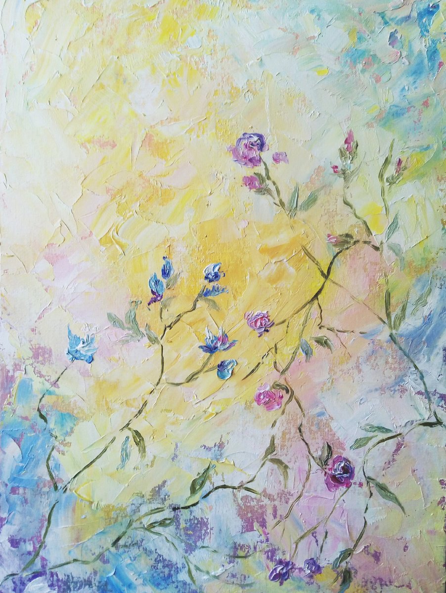 Impressionistic Botanical Oil Painting By Tetiana Pchelnykova, 12 X 16", Sunny Garden Blooms, Original Artwork