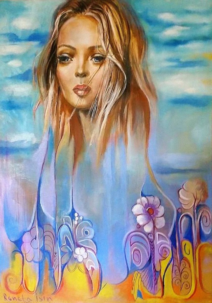 Surrealistic Portrait Oil Painting By Reneta Isin, 20 X 28", " Rebirth ", Original Artwork