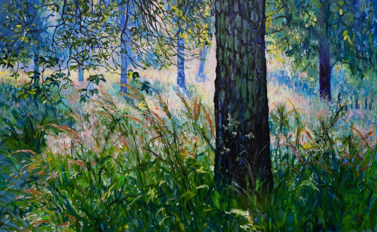Impressionistic Landscape Oil Painting By Liudmila Pisliakova, 38 X 24", Morning In The Forest, Original Artwork
