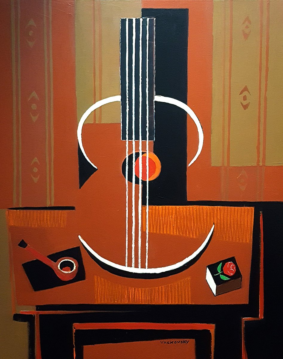 Geometric Still Life Acrylic Painting By Vadim Vaskovsky, 24 X 30", Guitar, Pipe, And Match Box, Original Artwork