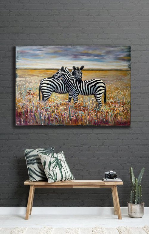 "When zebras are together". Original oil painting. XXL by Mary Voloshyna
