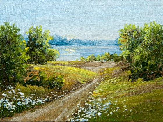 Summer landscape. Oil painting. Original Art. Small artwork. 6 x 8