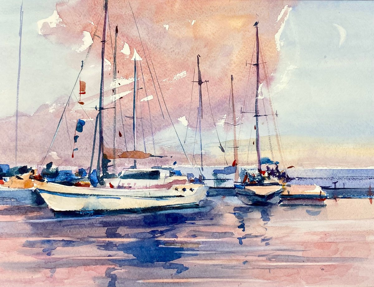 Impressionistic Landscape Watercolour By Tetiana Shendryk, 14 X 11", Sunset At The Dock, Original Artwork