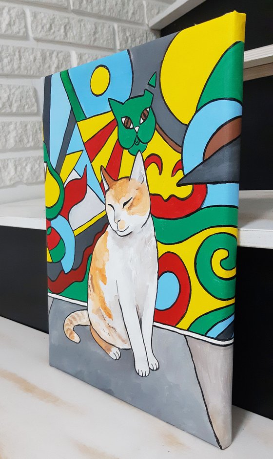 "Cat Graffiti In The City" Maximalist Modern Matisse-Inspired Original Painting