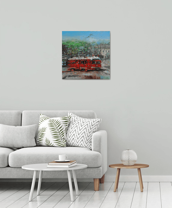 Red tram-2 (60x60cm, oil painting, ready to hang)