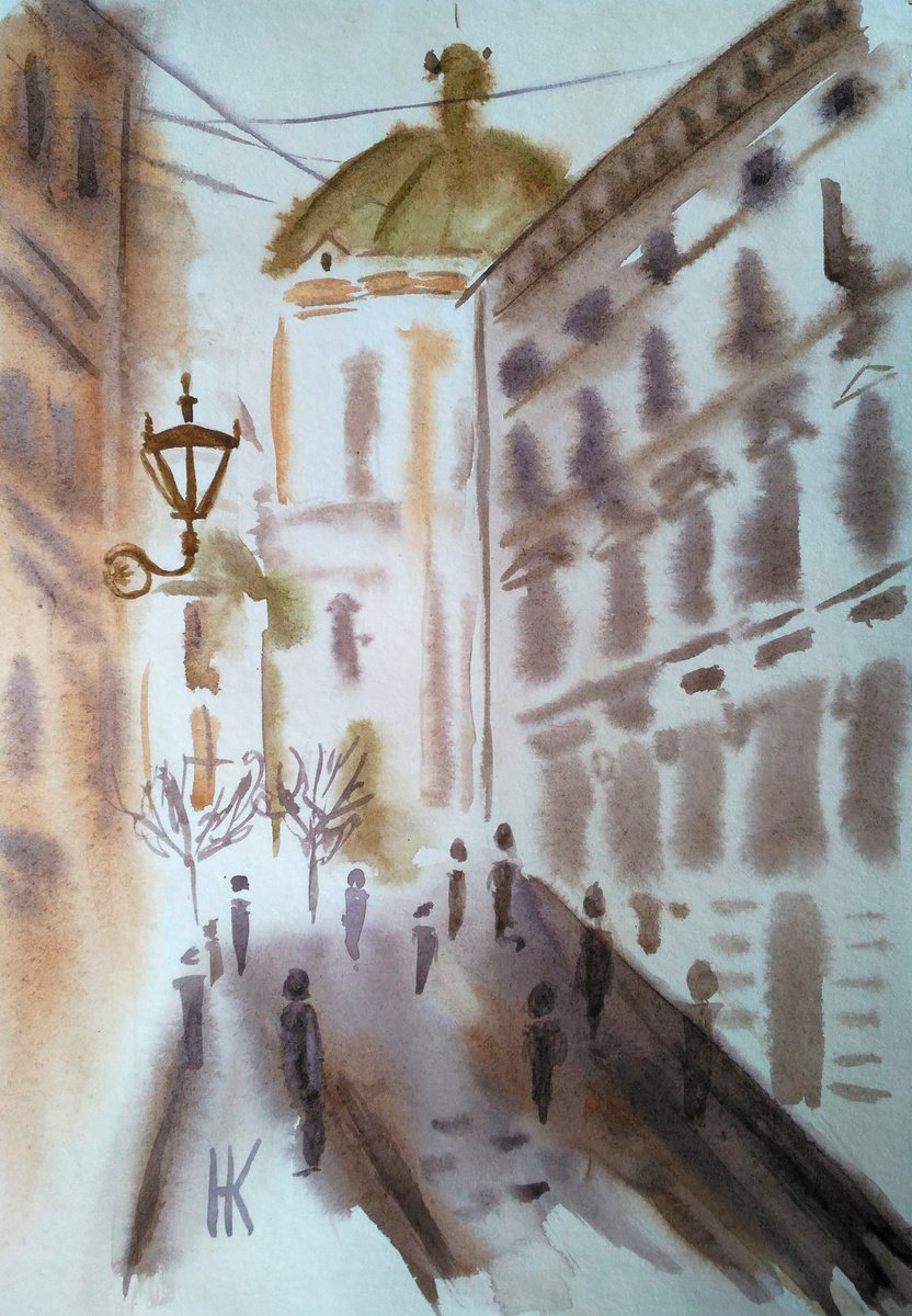 Lviv Painting Cityscape Original Art Ukraine Small Watercolor Artwork 8 by 12 inches by Halyna Kirichenko