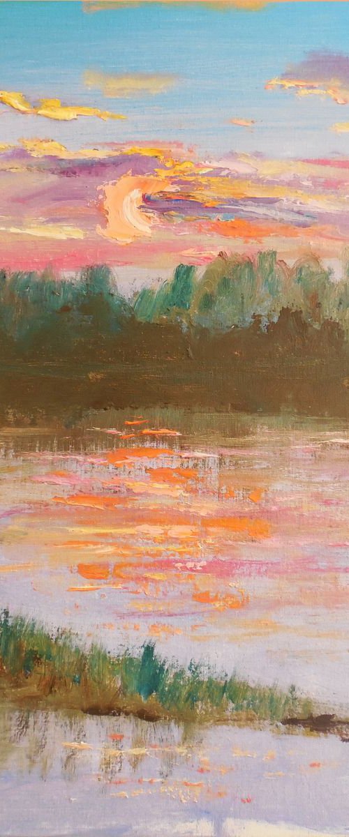 Pink sunset at the river. Plein air painting by Dmitry Fedorov