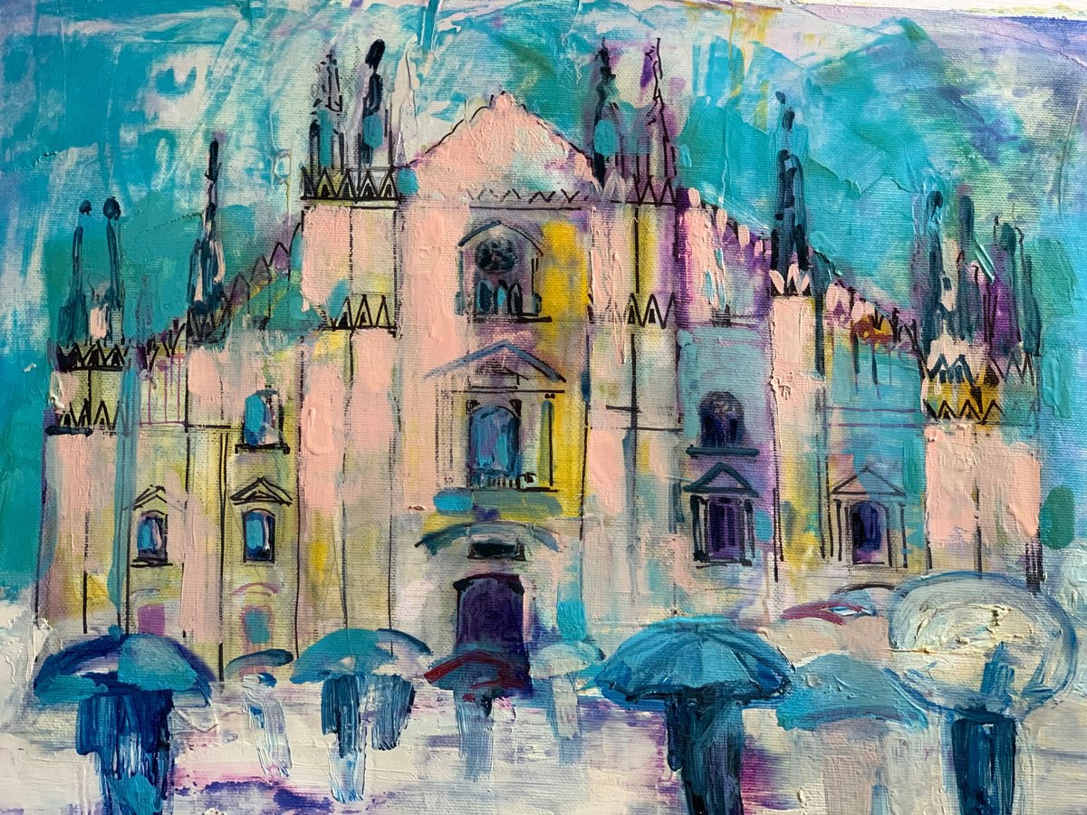 Impressionistic Cityscapes Acrylic Painting By Olga Pascari, 19 X 15", Milano Duomo, Original Artwork