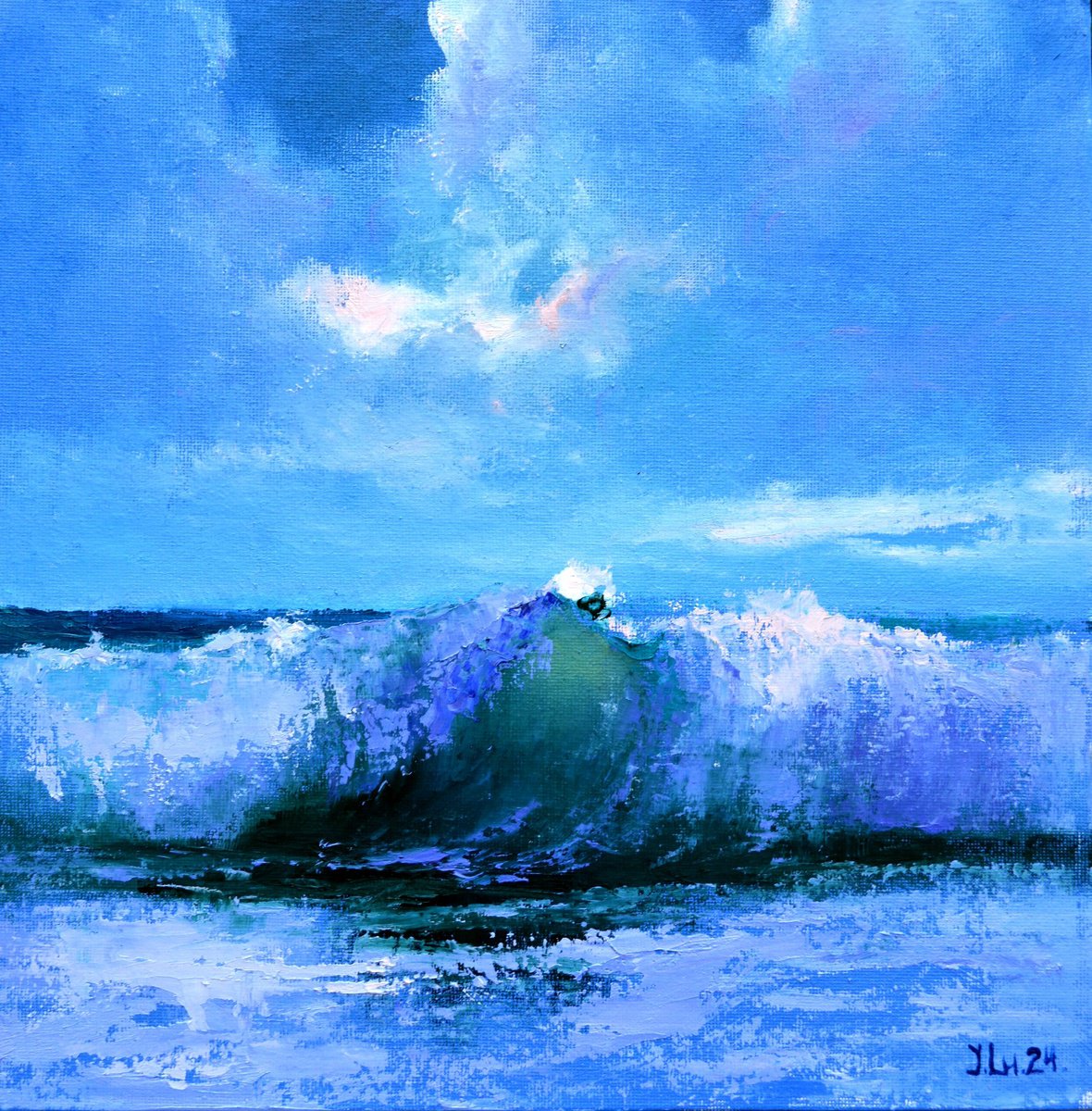 Impressionistic Landscape Oil Painting By Elena Lukina, 12 X 12, Beautiful Wave, Original Artwork