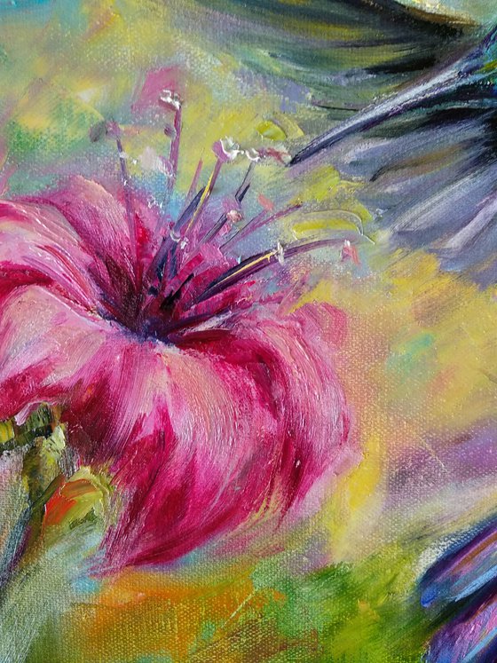 Ready to Hang Flying Hummingbird Bird Art Tropical Flower Wildlife Nature