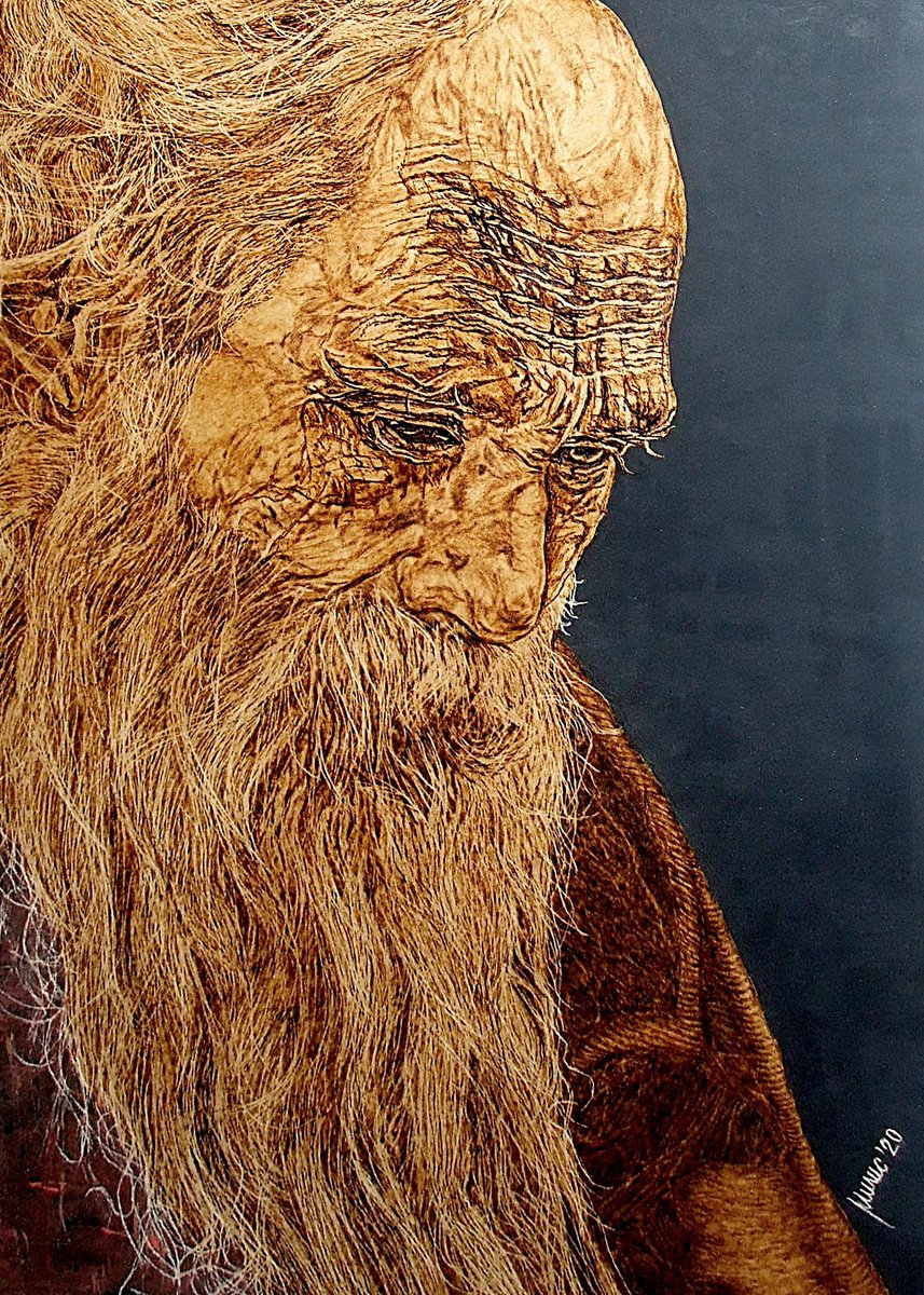 Expressive Portrait Painting By Milis Pyrography, 20 X 28", Thought, Original Artwork